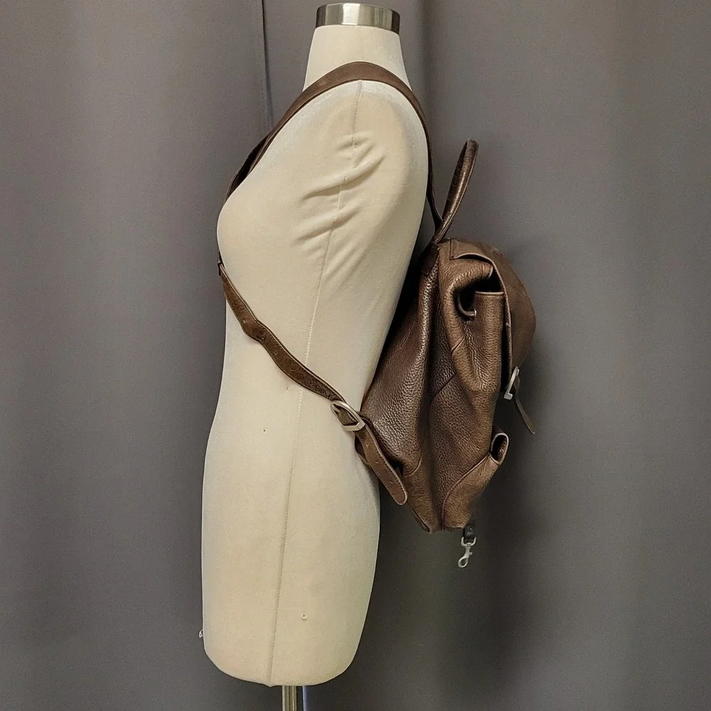 Vintage 90s y2k‎ Backpack Brown Pebbled Genuine Leather Drawstring OS